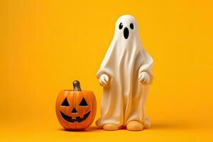 Halloween fantôme avec citrouille isolé sur Orange Contexte. 3d illustration. ai généré. photo