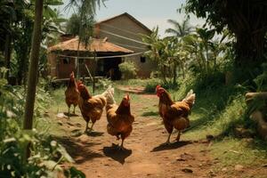 poulets et coq en marchant dans le cultiver, ancien Ton. ai généré. photo