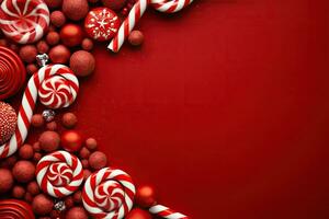 Noël Contexte avec rouge et blanc des sucreries et sucettes. ai généré. photo