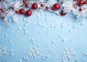 Noël Contexte avec flocons de neige et rouge babioles sur bleu. ai généré. photo