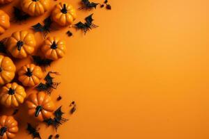 Halloween Contexte avec Orange citrouilles, les araignées et chauves-souris sur Orange Contexte. ai généré. photo