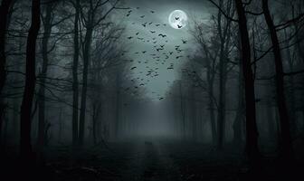 mystérieux foncé forêt à nuit avec plein lune et en volant chauves-souris. ai généré. photo