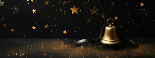 Noël cloche sur noir Contexte avec d'or étoiles et confettis. 3d illustration. ai généré. photo