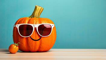 Halloween citrouille avec des lunettes de soleil et mandarine sur une bleu Contexte. ai généré. photo