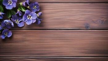 violet fleurs sur en bois Contexte. Haut vue avec copie espace. ai généré. photo