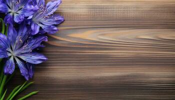 magnifique crocus fleurs sur en bois arrière-plan, Haut voir. espace pour texte. ai généré. photo