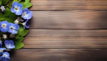 magnifique printemps fleurs sur une en bois Contexte. vue de au-dessus de. ai généré. photo