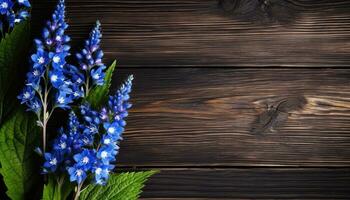 bleu fleurs sur une marron en bois Contexte. endroit pour votre texte. ai généré. photo