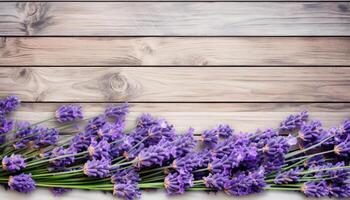 lavande fleurs sur en bois Contexte. Haut vue avec copie espace. ai généré. photo