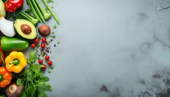 Frais des légumes et épices Contexte. Haut vue avec copie espace. ai généré. photo