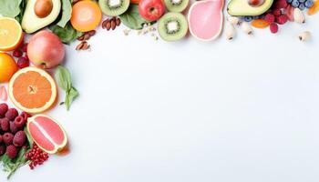 en bonne santé nourriture Contexte. des fruits et des légumes sur une blanc Contexte. ai généré. photo