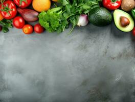 Frais des légumes et des fruits sur gris Contexte. Haut vue avec copie espace. ai généré. photo