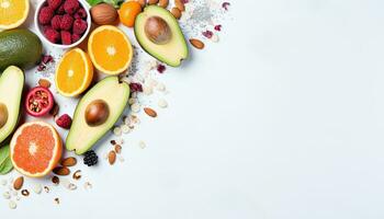 en bonne santé nourriture Contexte. des fruits et des légumes sur une blanc Contexte. ai généré. photo