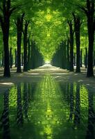 magnifique vert ruelle dans le parc avec des arbres et reflets dans l'eau. ai généré. photo
