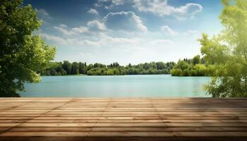 en bois sol contre bleu ciel plus de Lac avec des arbres dans le Contexte. ai généré. photo