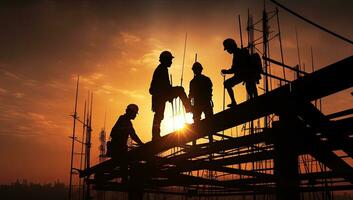 silhouette de construction ouvriers sur le construction site à le coucher du soleil. ai généré. photo