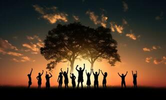 silhouette de groupe de gens dansant en dessous de arbre dans le le coucher du soleil. ai généré. photo