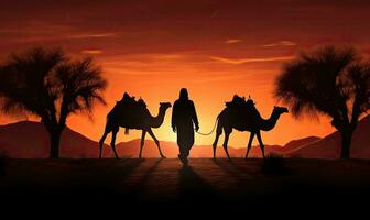 silhouette de une homme avec chameaux dans le désert à le coucher du soleil. ai généré. photo