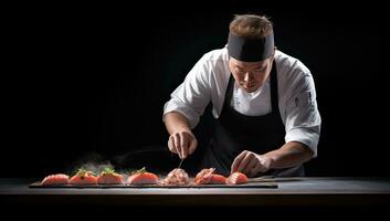 Jeune Masculin chef dans une blanc tablier prépare Sushi Rouleaux sur une noir Contexte. ai généré. photo