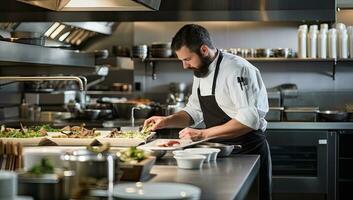 chef en train de préparer nourriture dans le cuisine de une restaurant ou Hôtel. ai généré. photo