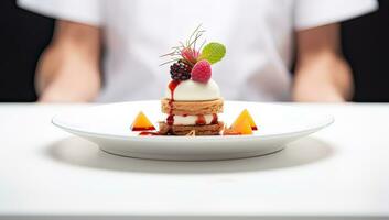 pièce de gâteau avec crème et baies sur une blanc plaque. ai généré. photo