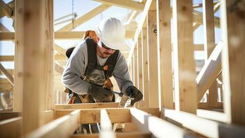 construction ouvrier travail sur une toit de une Nouveau Résidentiel maison avec une en bois Cadre. ai généré. photo