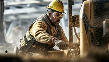 portrait de une ouvrier dans une difficile chapeau et vêtements de travail travail sur une construction placer. ai généré. photo