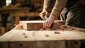 Charpentier travail sur une en bois planche dans le sien charpenterie atelier. ai généré. photo