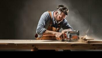 Charpentier travail avec une circulaire vu sur une en bois tableau. ai généré. photo