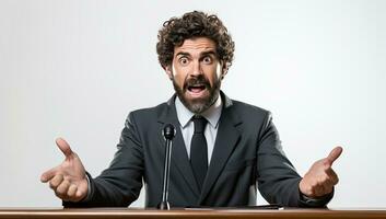 surpris homme d'affaire séance à une table avec microphone et à la recherche à le caméra. ai généré. photo