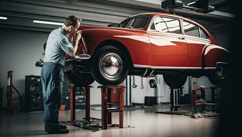 côté vue de une Jeune mécanicien réparer une rouge voiture dans une garage. ai généré. photo