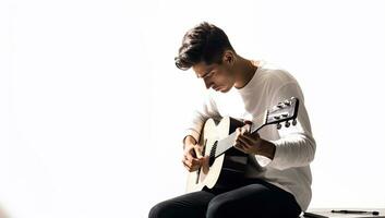 Jeune homme en jouant le guitare sur blanc studio Contexte. isolé. ai généré. photo