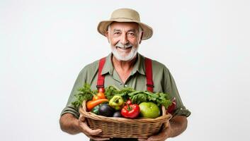 Sénior homme en portant une panier plein de Frais des légumes sur blanc Contexte. ai généré. photo