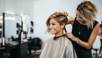 magnifique Jeune femme avoir sa cheveux Couper dans une beauté salon. ai généré. photo