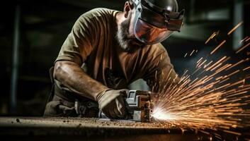 ouvrier Coupe métal avec angle broyeur dans industriel construction placer. ai généré. photo