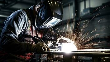 industriel ouvrier travail avec arc soudage machine à souder acier dans usine. ai généré. photo