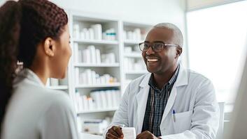 souriant africain américain médecin dans blanc manteau et lunettes parlant avec femelle patient. ai généré. photo