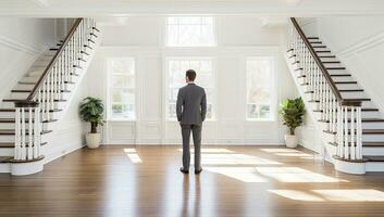 arrière vue de Jeune homme d'affaire à la recherche une façon tandis que permanent dans moderne salle. ai généré. photo