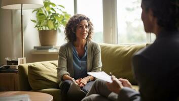 psychothérapeute travail avec une patient dans une consultation à le bureau. ai généré. photo