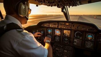 pilote dans le cockpit de une avion pendant vol à le coucher du soleil. ai généré. photo