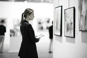 Jeune femme à la recherche à oeuvres d'art dans art Galerie, noir et blanche. ai généré. photo