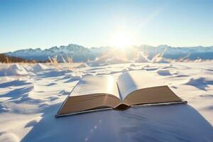 ouvert livre sur neige avec montagnes dans le Contexte. hiver paysage. ai généré. photo