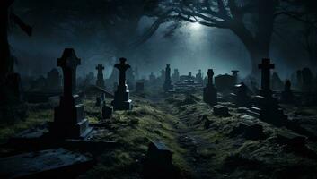 pierres tombales dans le cimetière à nuit avec brouillard. Halloween concept. ai généré. photo