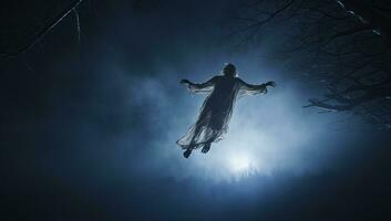 Halloween sorcière en volant dans le foncé forêt à nuit. ai généré. photo