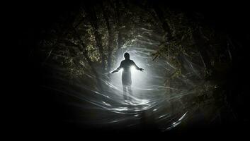 silhouette de une mystérieux homme dans une foncé forêt. ai généré. photo