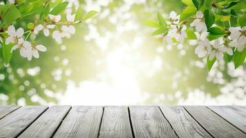 en bois table avec printemps fleur Contexte. Haut vue avec copie espace. ai généré. photo