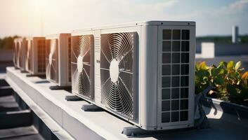 air conditionneurs sur le toit de le bâtiment. refroidissement système. ai généré. photo