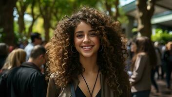 portrait de une magnifique Jeune femme avec frisé cheveux dans le rue. ai généré. photo