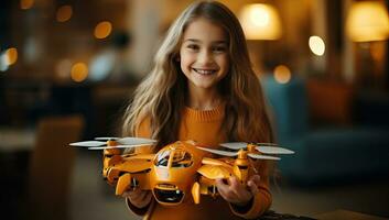 magnifique fille avec une quadcopter dans sa mains à maison. ai généré. photo