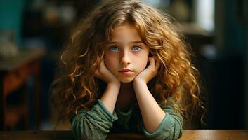 portrait de une mignonne peu fille avec longue frisé cheveux. ai généré. photo